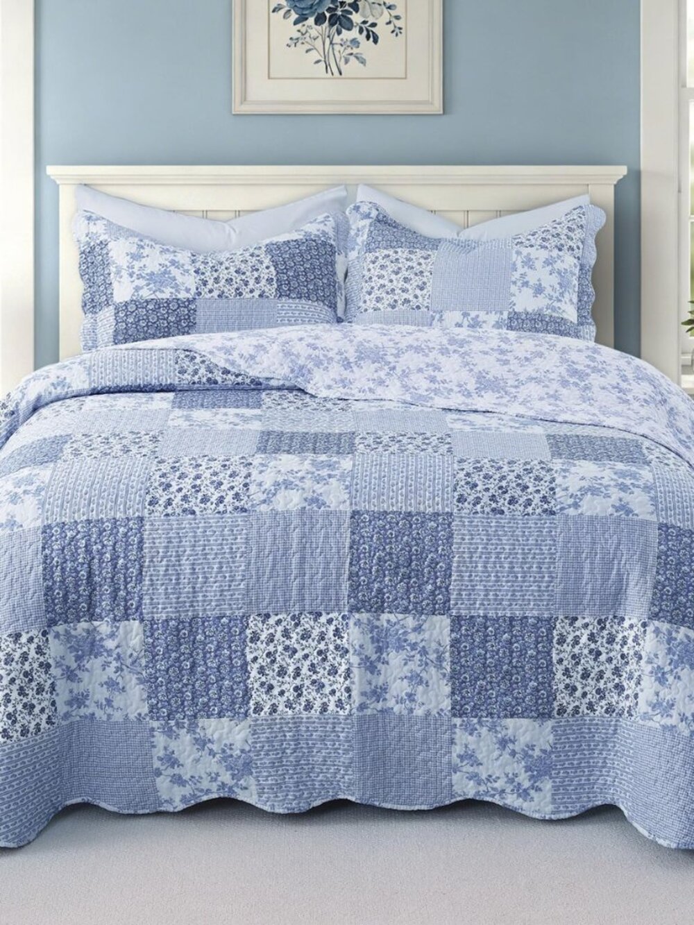 Queen Quilt Set 90" x 90", Blue Floral Reversible Cotton Blend Quilt